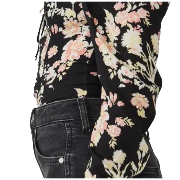 NWT $98 Free People Hilary Printed Top Size Small Black Combo Smocked Blouse S - Picture 6 of 16